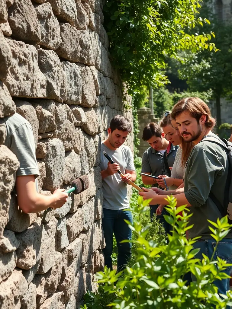 A photograph depicting volunteers working on the restoration of an old stone wall, showcasing the hands-on aspect of the Heritage Preservation and Restoration program in Lagleygeolle.