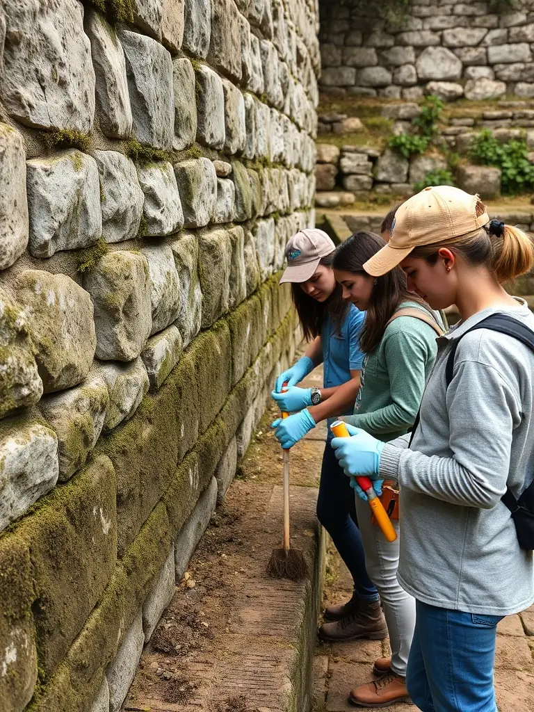 A photograph capturing volunteers working on the restoration of a historical stone wall in Lagleygeolle, showcasing the organization's commitment to preserving local heritage.
