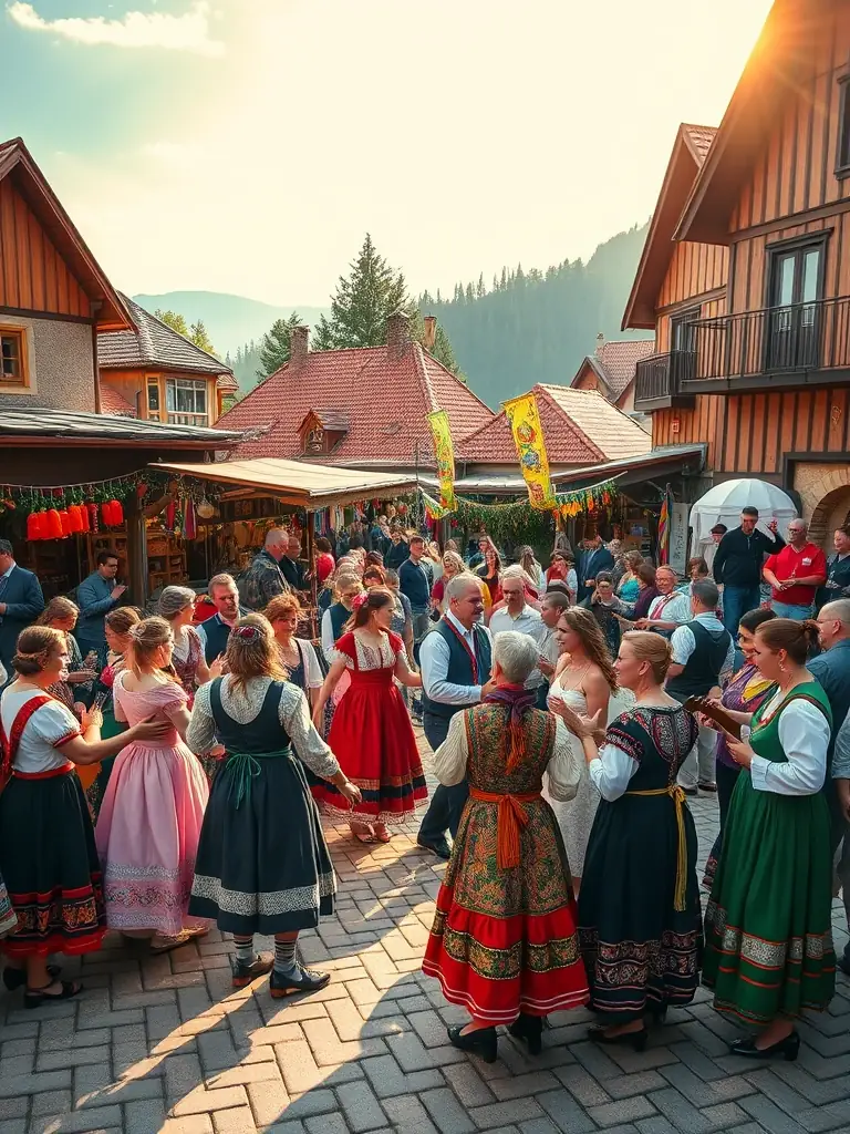 A lively outdoor festival with traditional music, dance, and local crafts, attended by community members of all ages.