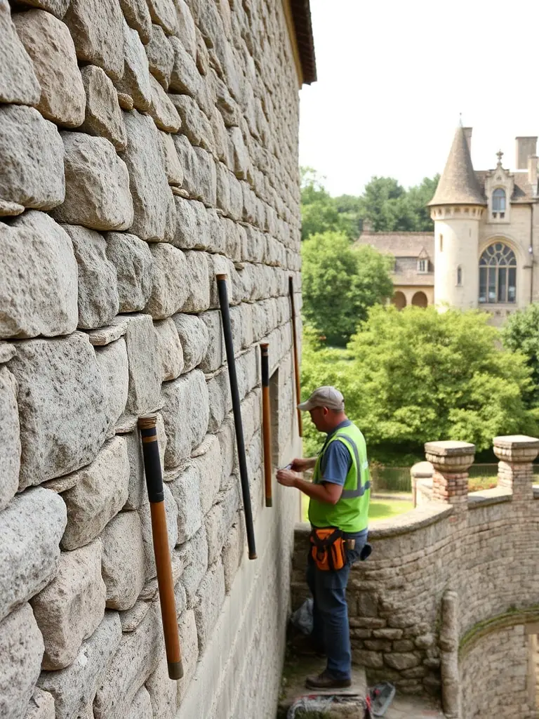 An image of a team restoring a historic stone monument in Lagleygolle, with tools and scaffolding visible, highlighting community involvement in preservation efforts.