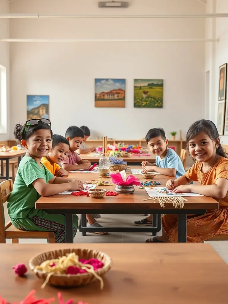 A vibrant image of children participating in a cultural workshop, learning traditional crafts and stories as part of the Cultural Education and Awareness program in Lagleygeolle.