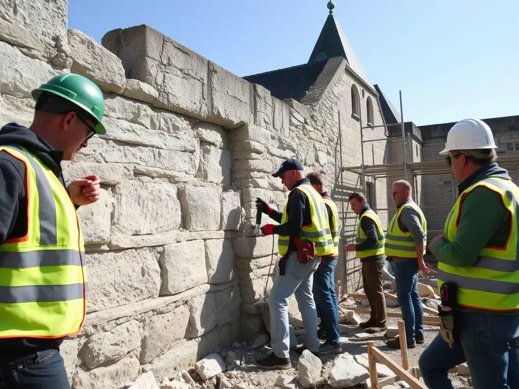 A vibrant image showcasing volunteers restoring a historical building in Lagleygeolle, emphasizing the organization's commitment to heritage preservation.