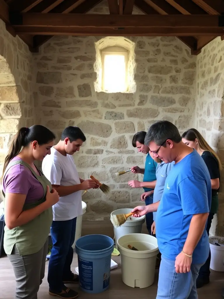 A photograph showcasing volunteers cleaning and maintaining a local historical archive, preserving documents and artifacts for future generations.