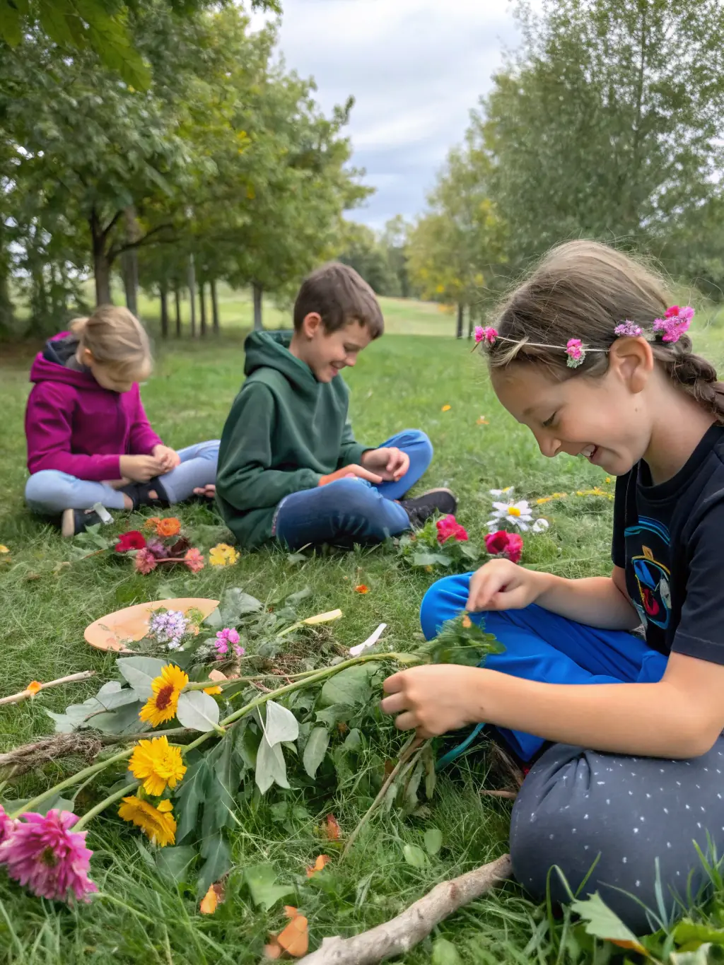 A group of children and adults participating in a cultural workshop outdoors, engaging with local artifacts and storytelling.