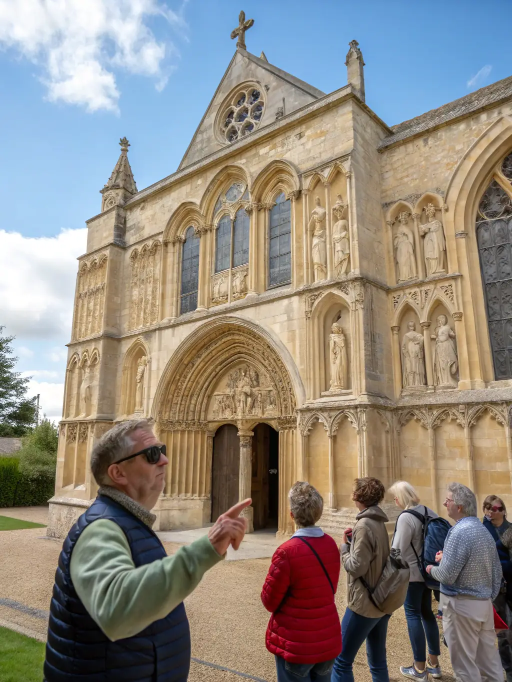A photo of a group of people on a guided tour of a historical site in Lagleygeolle, led by a knowledgeable guide, as part of the Guided Historical Tours program.
